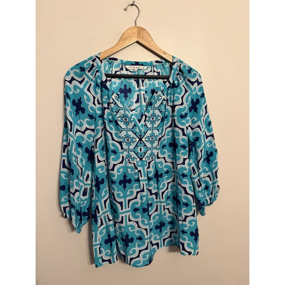 Annie Griffin Blue Teal 100% Silk Boho Top 3/4 Puff Sleeve V-neck Size Medium